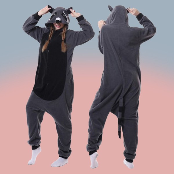 Cartoon Animal One Piece Pajamas Fleece Couple Kigurumi Dark Gray Raccoon Onesie